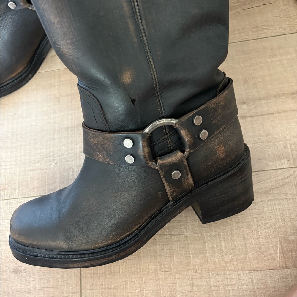 Frye Distressed Brown Leather Harness Mid-Calf Boot with Block Heel - Picture 5 of 6